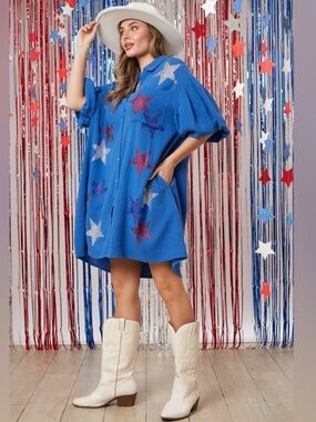 Peach Love California | Rhinestone Star Gauze Dress in Blue | Medium